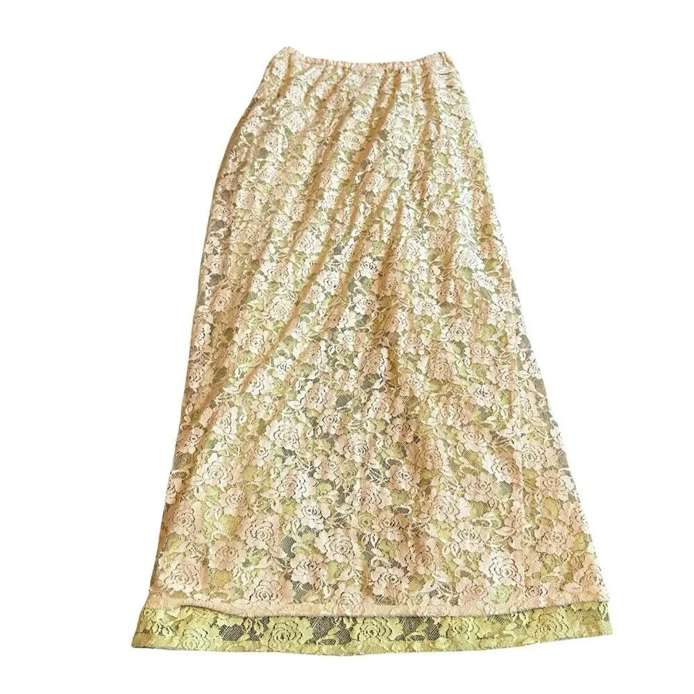 Free People FP One Solene Creme Peach High Low Maxi Skirt Stretch Lace Med NWT - Picture 8 of 14